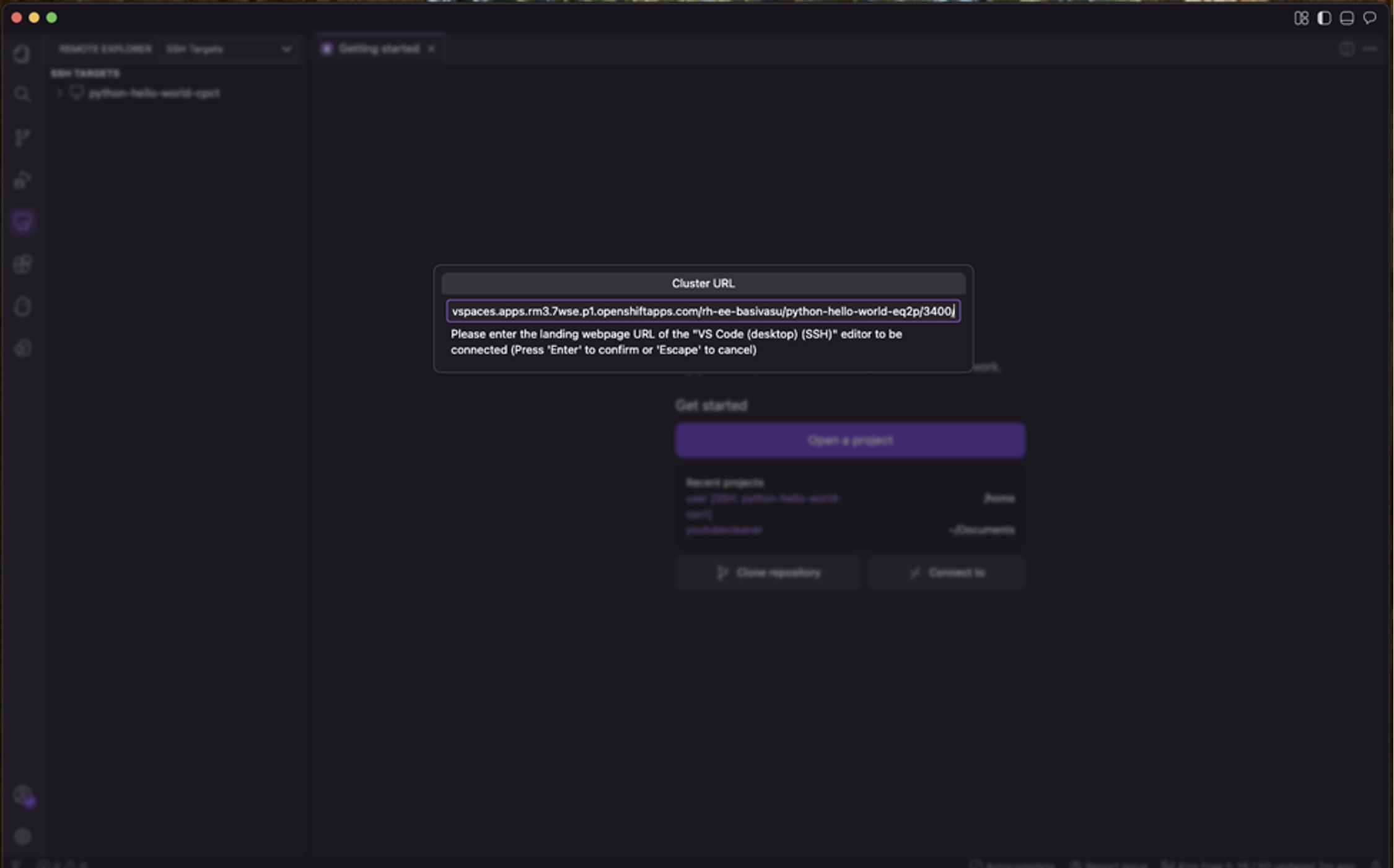 Figure 3: Pasting the Dev Spaces workspace URL into the Cluster URL field in Kiro &nbsp;Remote Explorer